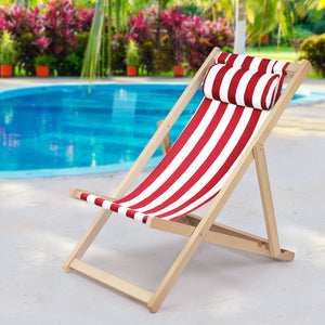 Gardeon Outdoor Folding Deck Chair Wooden Red & White Stripe